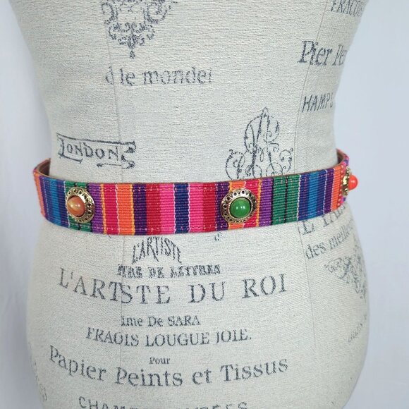 Vintage Textile Guatemala Belt Small Leather Bead - Picture 3 of 8